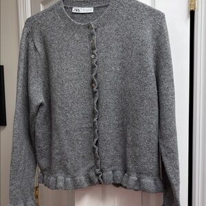 Zara Gray Ruffle-Trim Button Cardigan